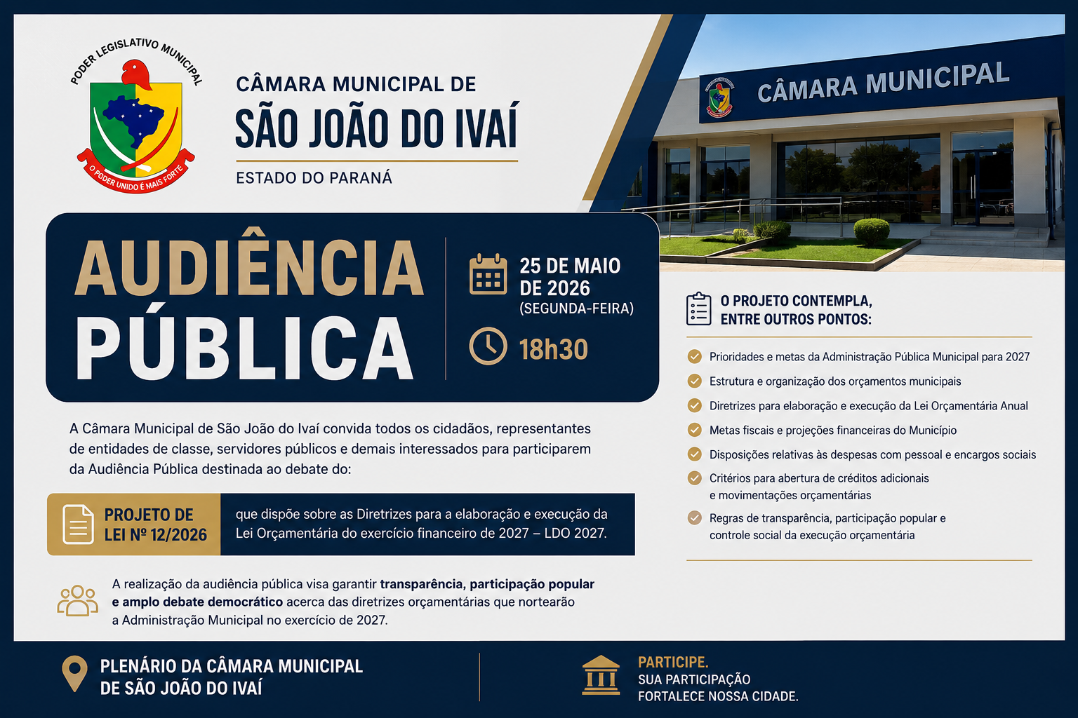 Câmara de São João do Ivaí convida população para Audiência Pública da LDO 2027